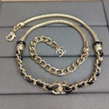 18K  Chanel Black Leather Gold Chain Necklace