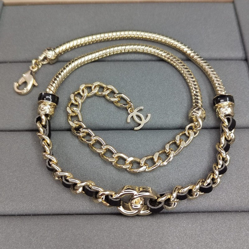 18K  Chanel Black Leather Gold Chain Necklace