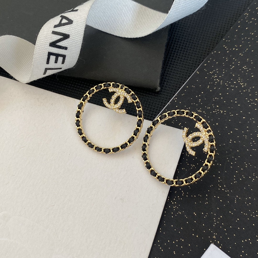 18K  Chanel Black Leather Circle Earrings