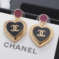 18K  Chanel Black & Red Heart Gold Earrings