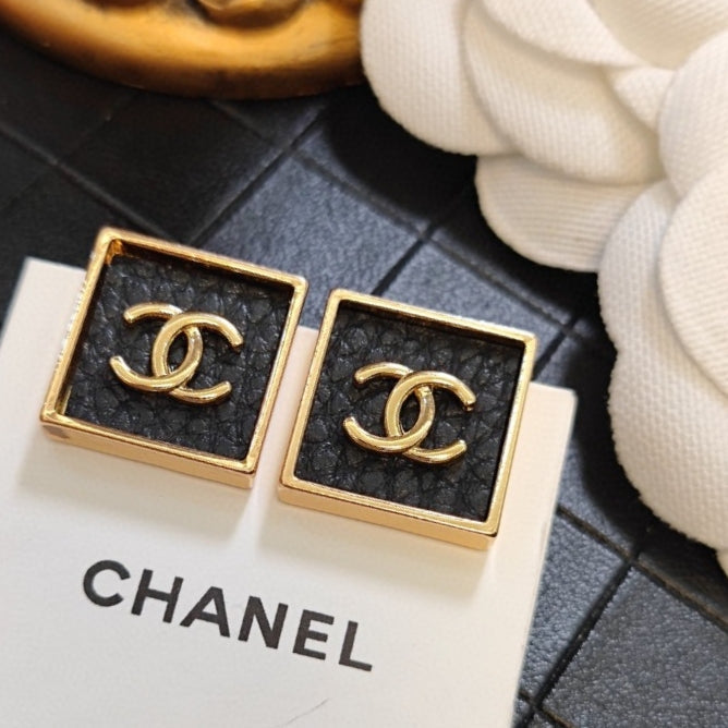 18K  Chanel Black Square Earrings