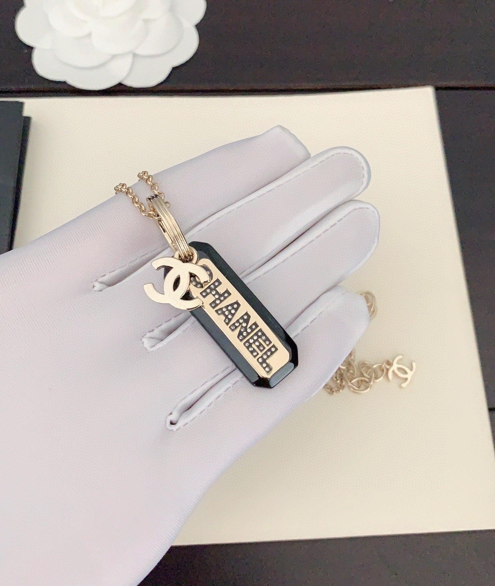 18K  Chanel Black Plate Chain Necklace