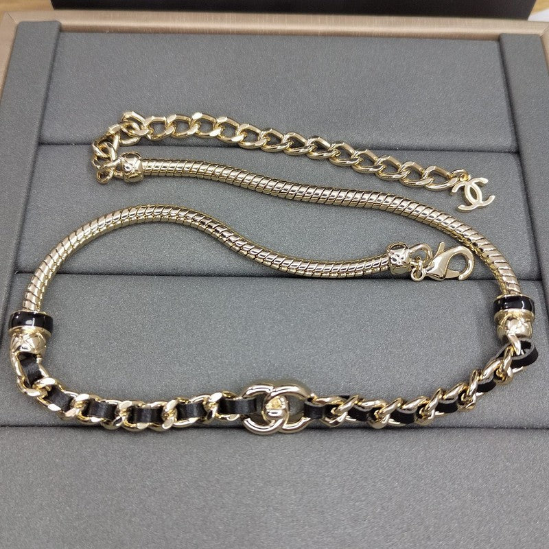 18K  Chanel Black Leather Gold Chain Necklace