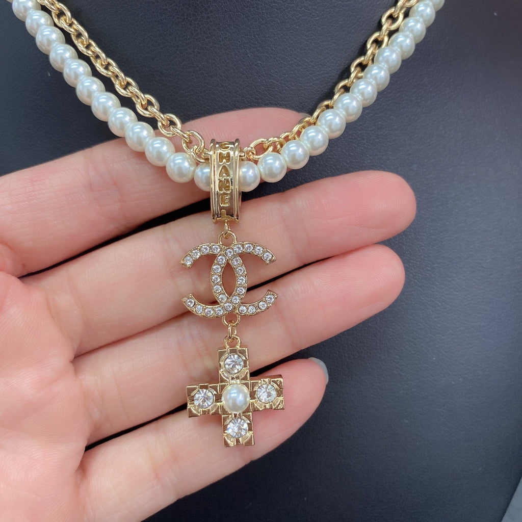 18K  Chanel Cross Diamond Pearl Chain Necklace