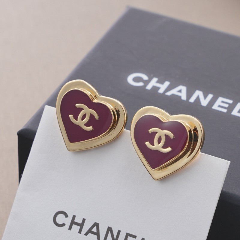18K  Chanel Black & Red Heart Earrings