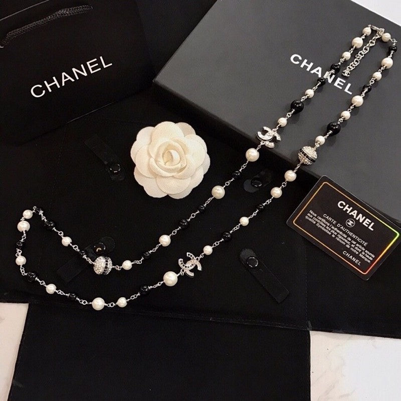 18K  Chanel Long Black Pearl Necklace