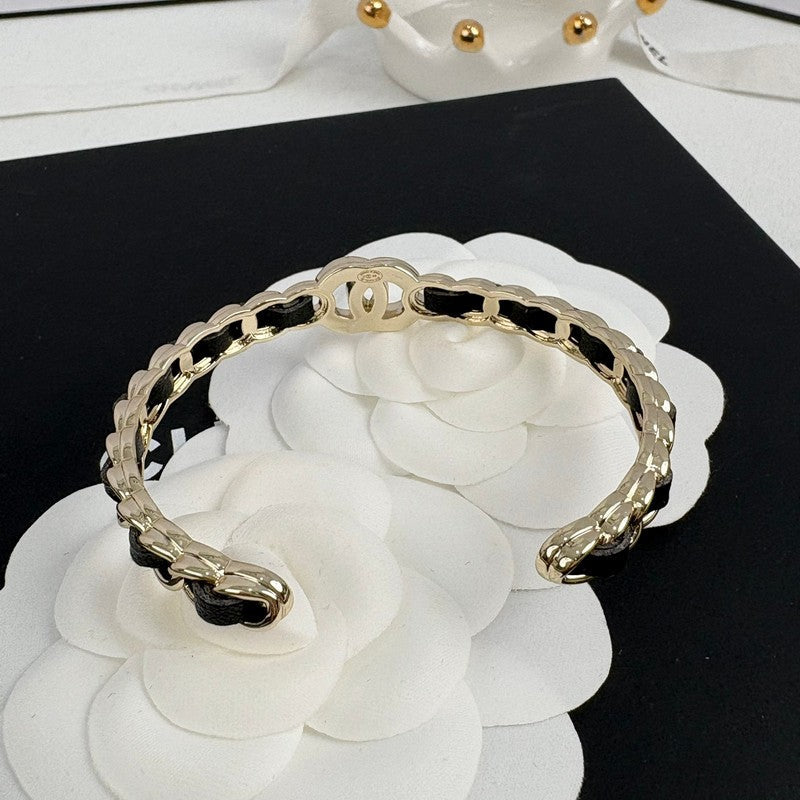 18K  Chanel Black Leather Cuff Bracelet