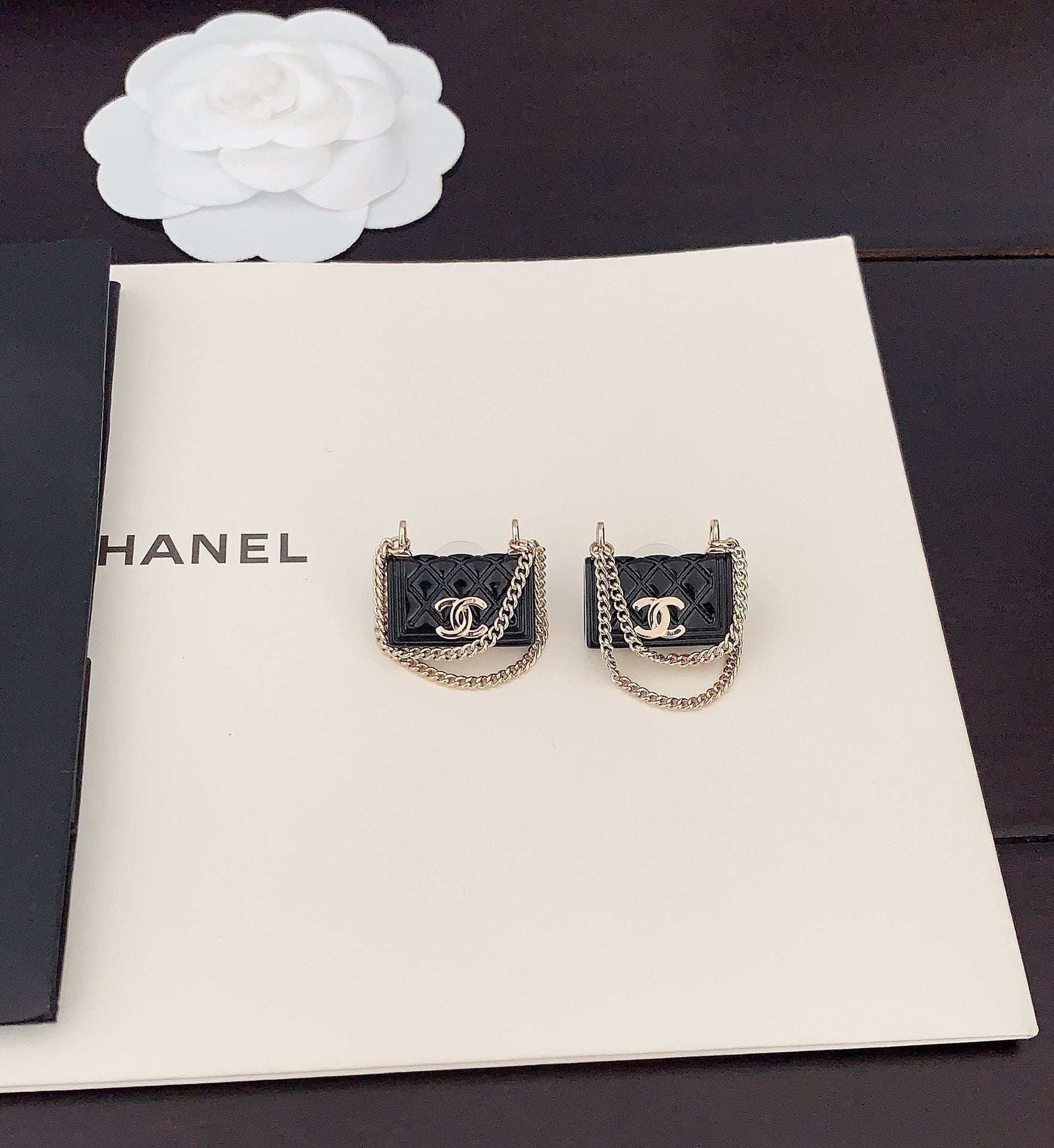 18K  Chanel Black Bag Pendant Earrings
