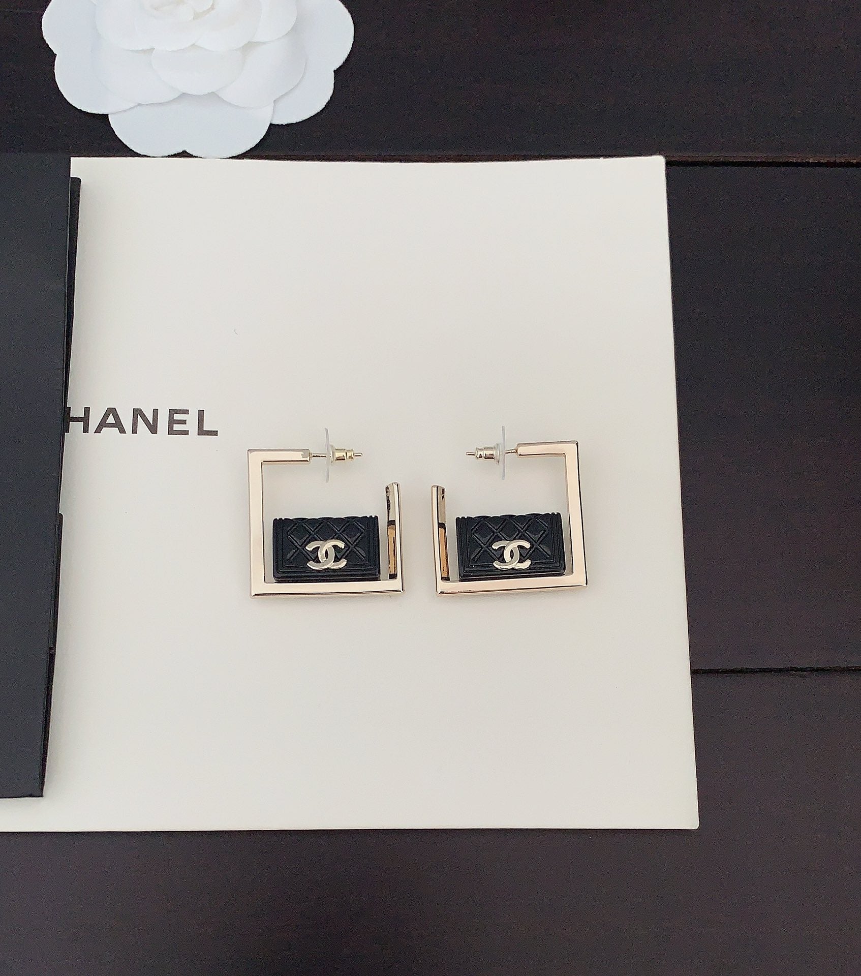 18K  Chanel Black Bag Pendant Earrings