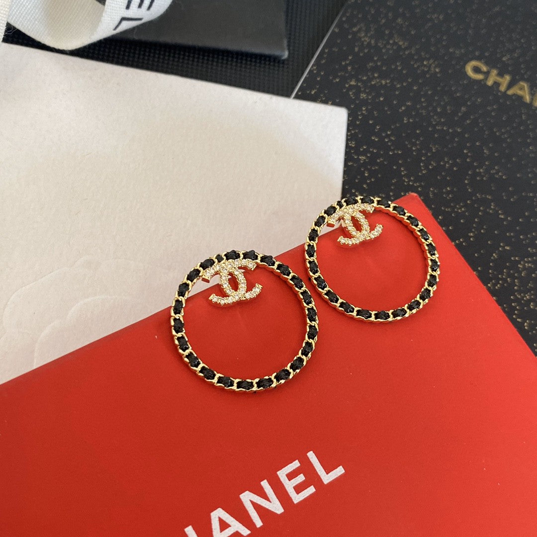 18K  Chanel Black Leather Circle Earrings