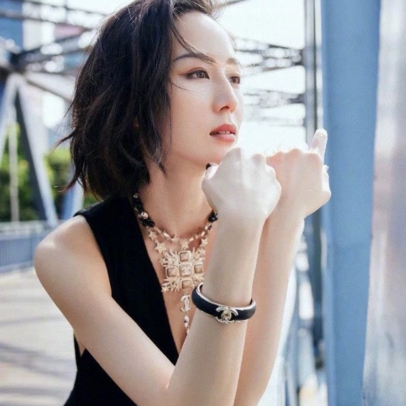 18K  Chanel Black Leather Cuff Bracelet