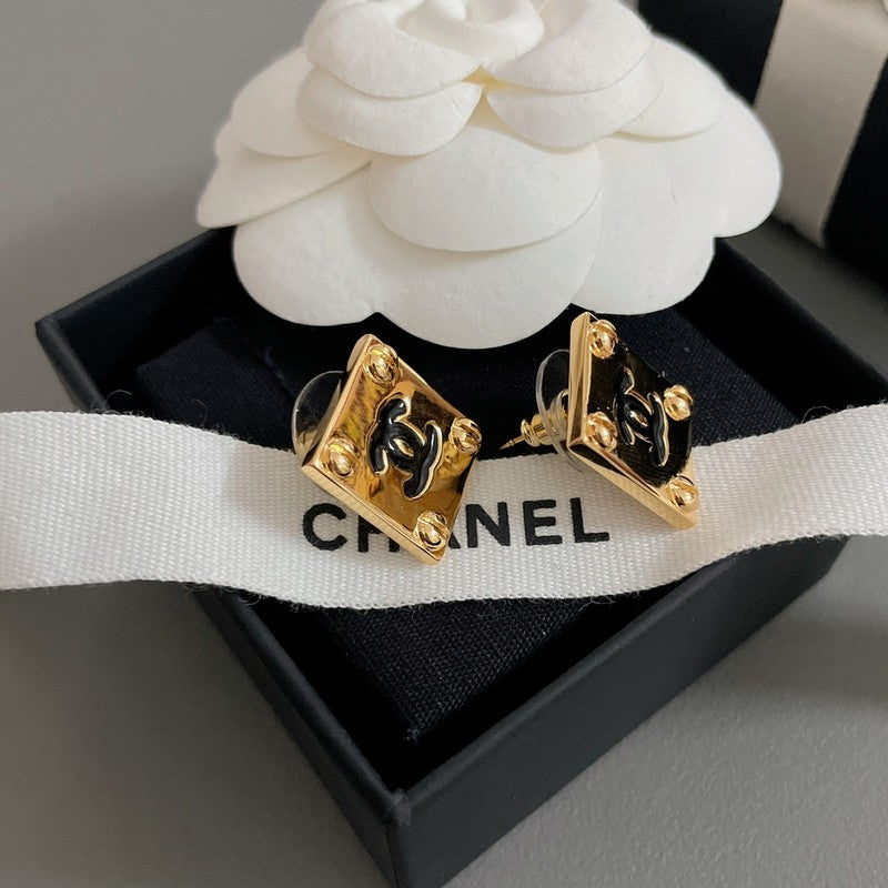 18K  Chanel Black Gold Square Earrings