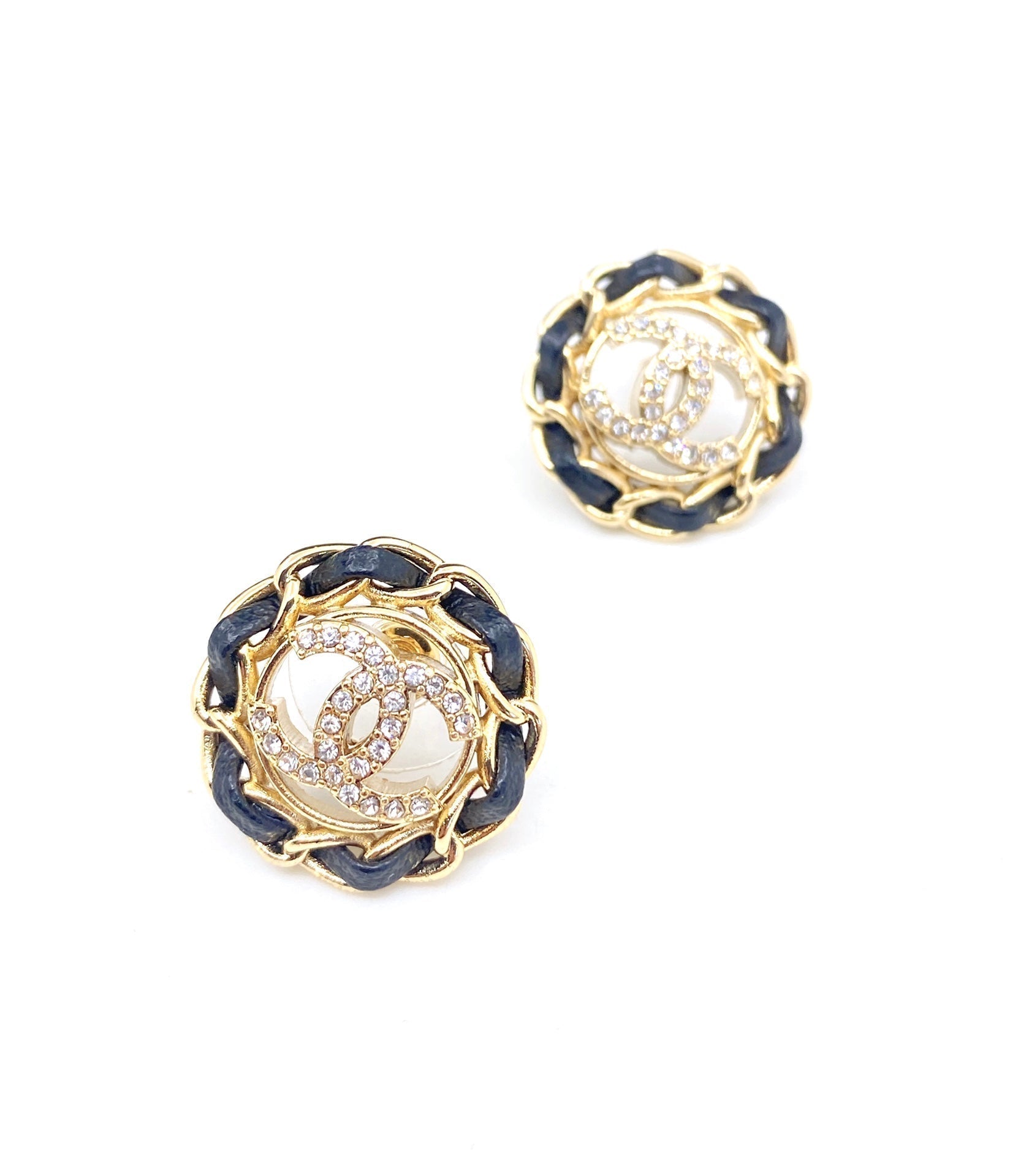 18K  Chanel Black Leather Earrings