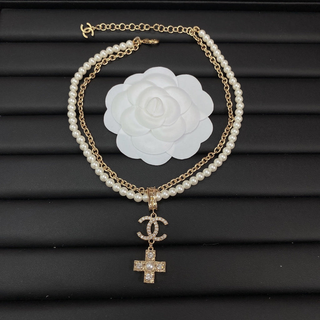 18K  Chanel Cross Diamond Pearl Chain Necklace