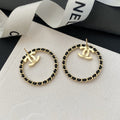 18K  Chanel Black Leather Circle Earrings