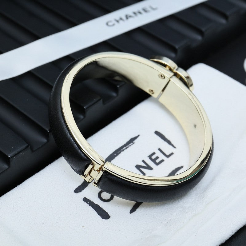 18K  Chanel Black Leather Cuff Bracelet