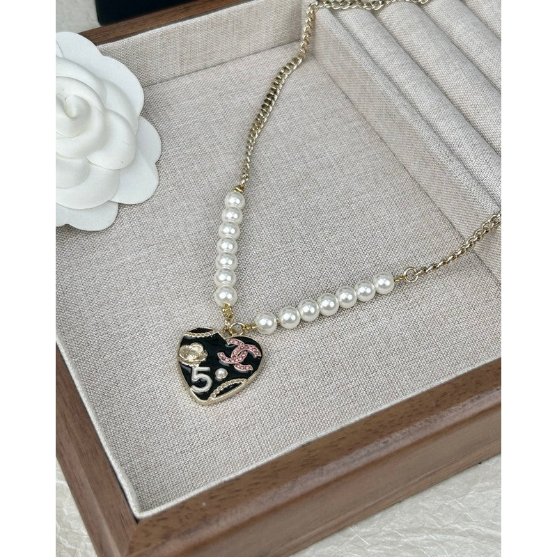 18K  Chanel Pink & Black Heart Pearl Necklace
