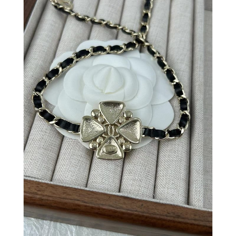 18K  Chanel Black Leather Flower Necklace