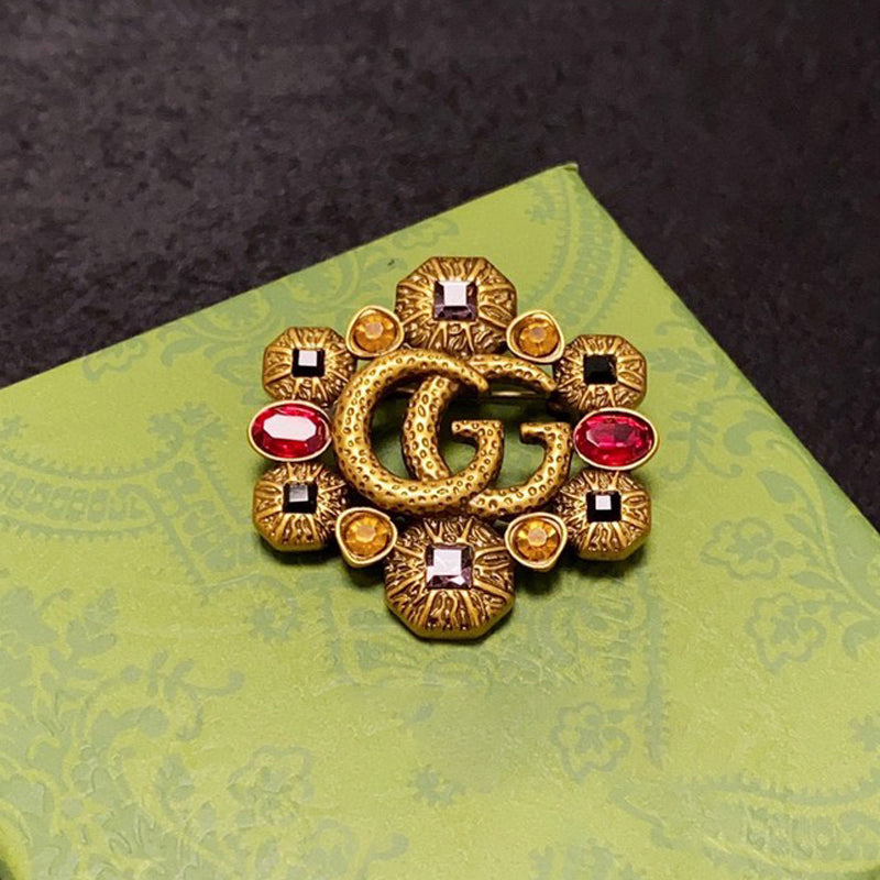 18K Double Gucci Flower Crystal Brooch
