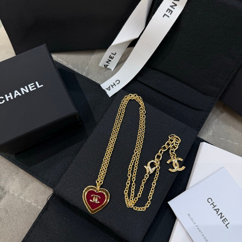 18K  Chanel Black & Red Heart Gold Necklace