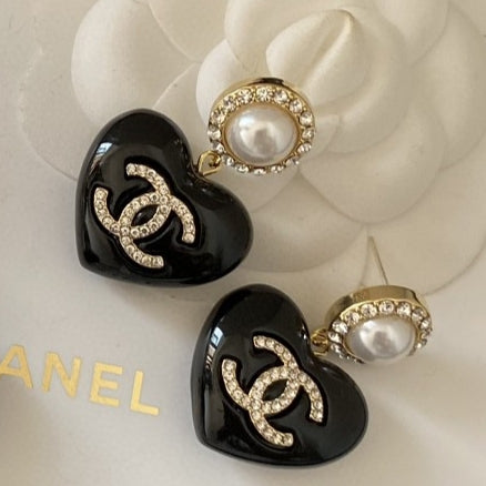 18K  Chanel Black Heart Earrings