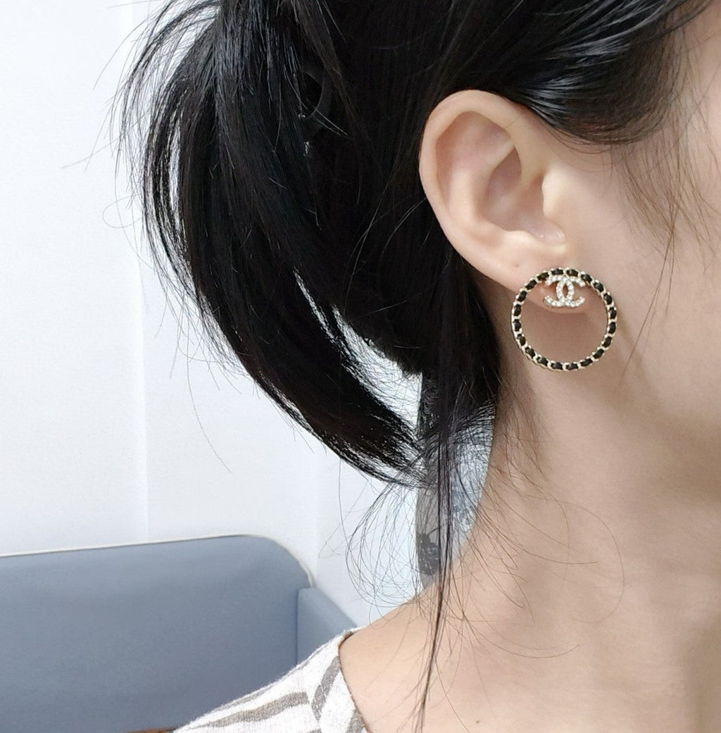 18K  Chanel Black Leather Circle Earrings