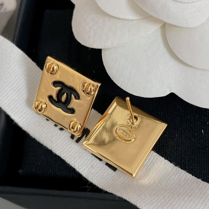 18K  Chanel Black Gold Square Earrings