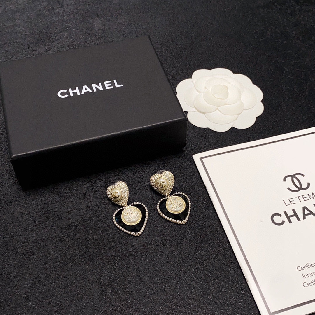 18K  Chanel Black Heart Earrings