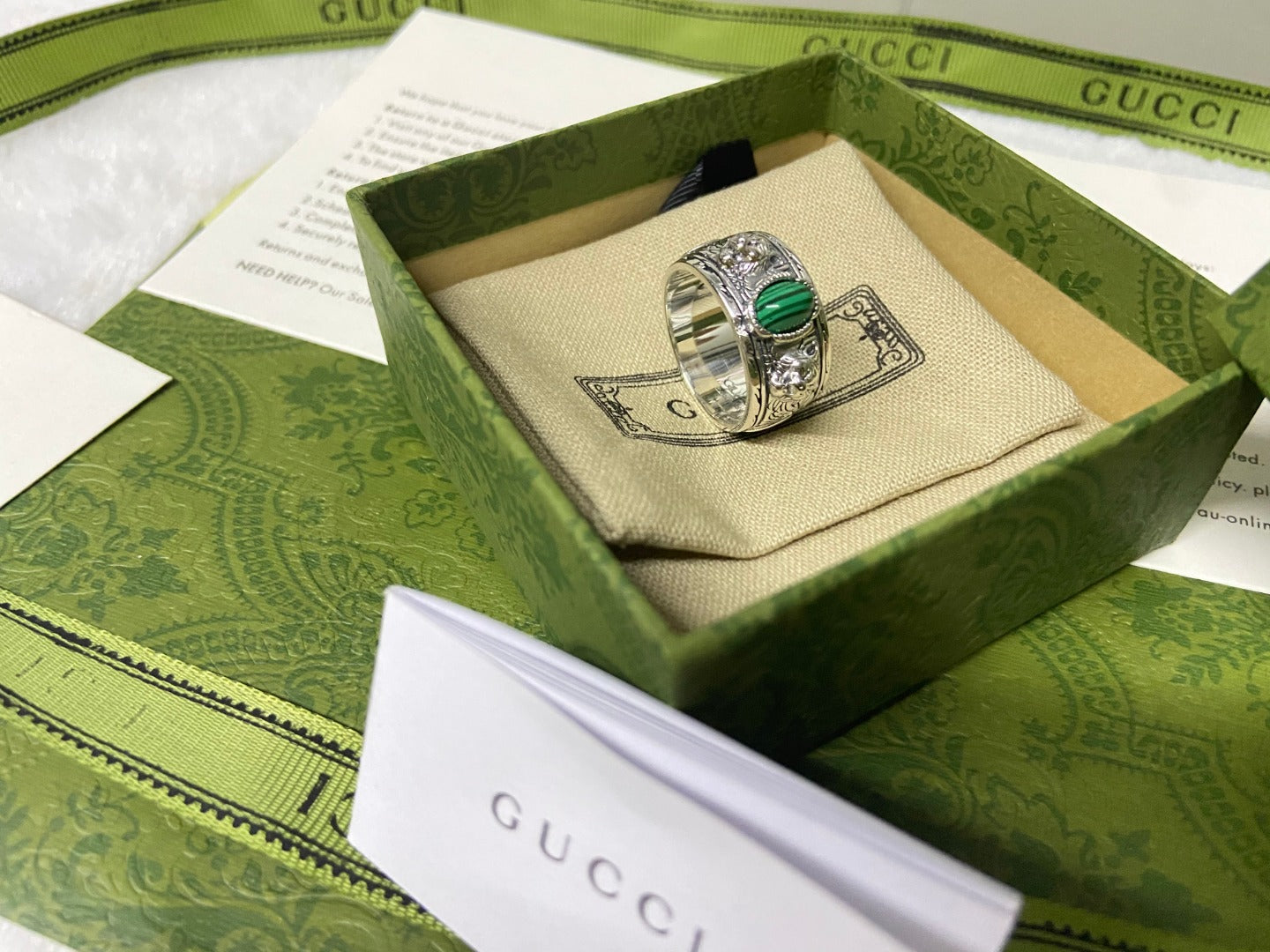 Double Gucci Feline Garden Green Ring