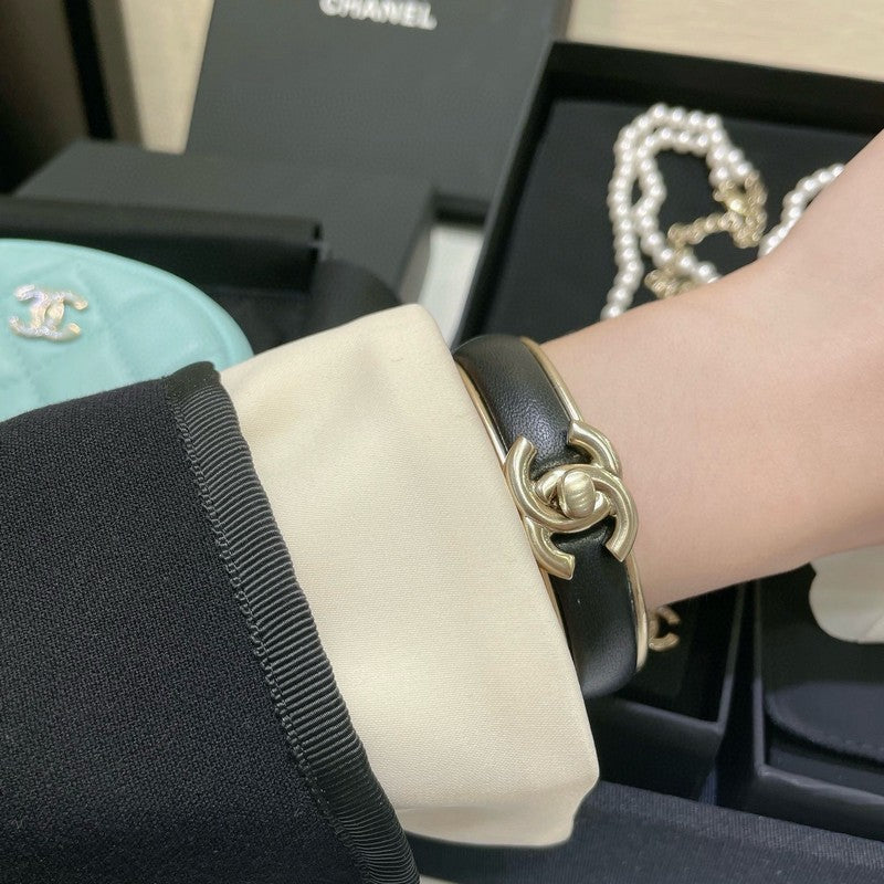 18K  Chanel Black Leather Cuff Bracelet