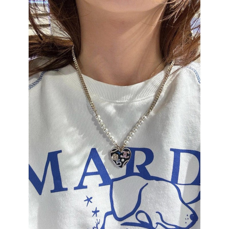 18K  Chanel Pink & Black Heart Pearl Necklace